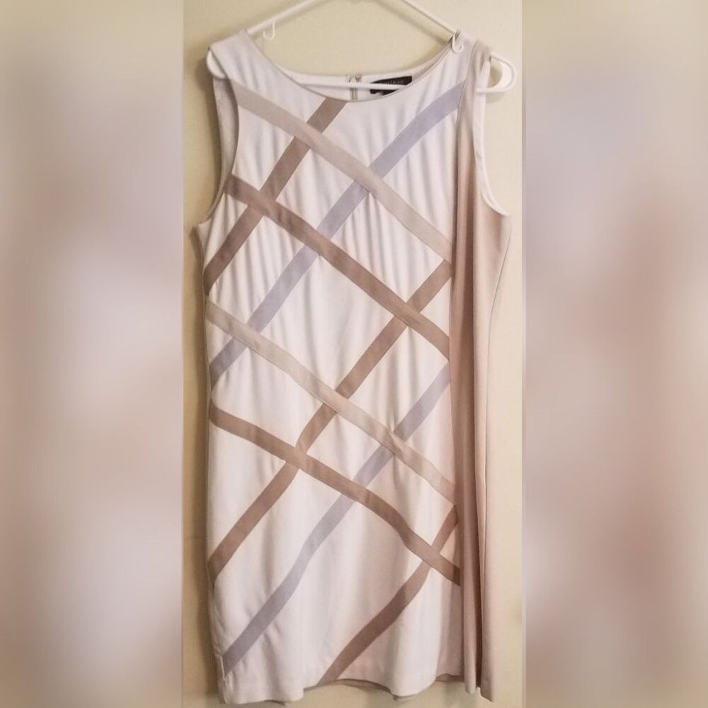 White House Black Market Short Sleeve Tan Brown Gray Strip Dress Large